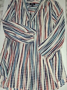 Jones New York Polka Dot Stripe V-Neck Blouse - Coral, Navy, Light Blue on White